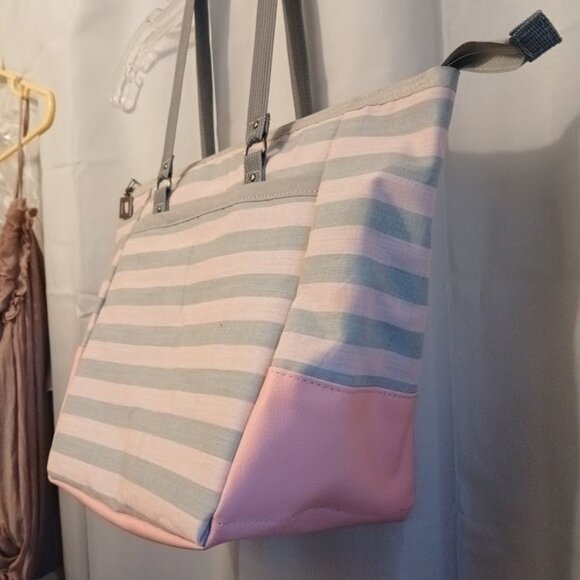 New Beach Tote Shopper shoulder Bag Pink Gray stripe Double handle Carryall Purs - Picture 4 of 8